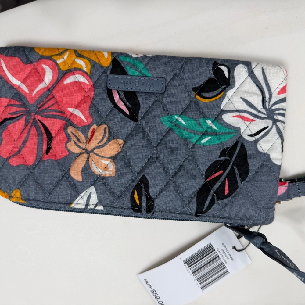 NWT Vera Bradley Quilted Wristlet in Gray with Floral Accents